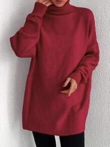 EURMUSE Turtleneck Drop Shoulder Jumper - Burgundy - View 5