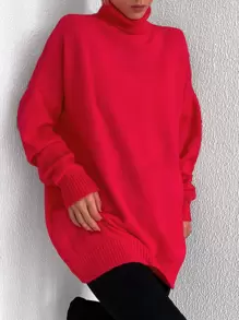 EURMUSE Turtleneck Drop Shoulder Jumper - Red - View 4