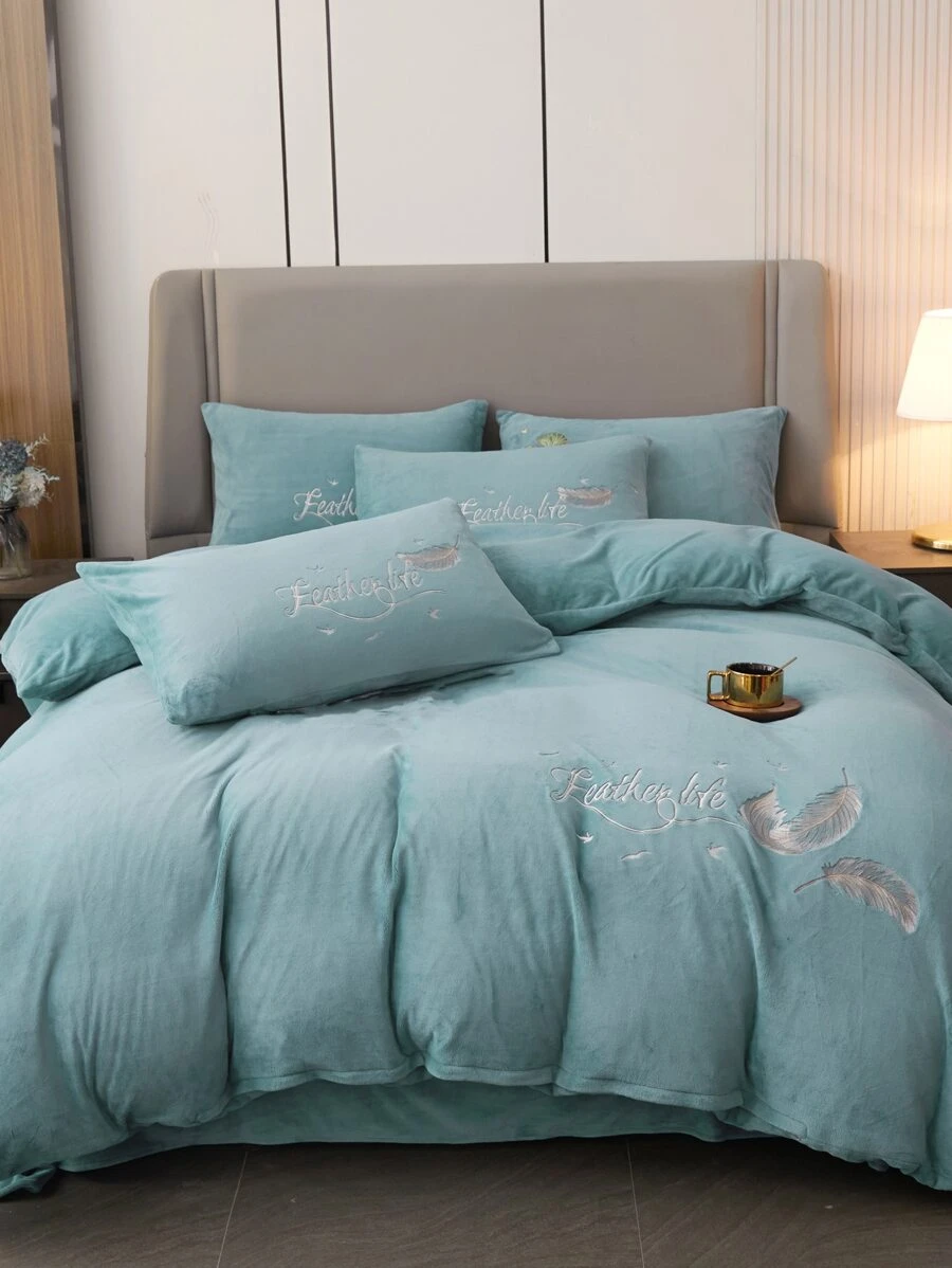 Feather & Letter Embroidered Duvet Cover Set Without Filler - Blue - View 1