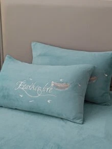 Feather & Letter Embroidered Duvet Cover Set Without Filler - Blue - View 4