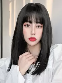Natural Medium Straight Synthetic Wig With Bangs - Black - View 1