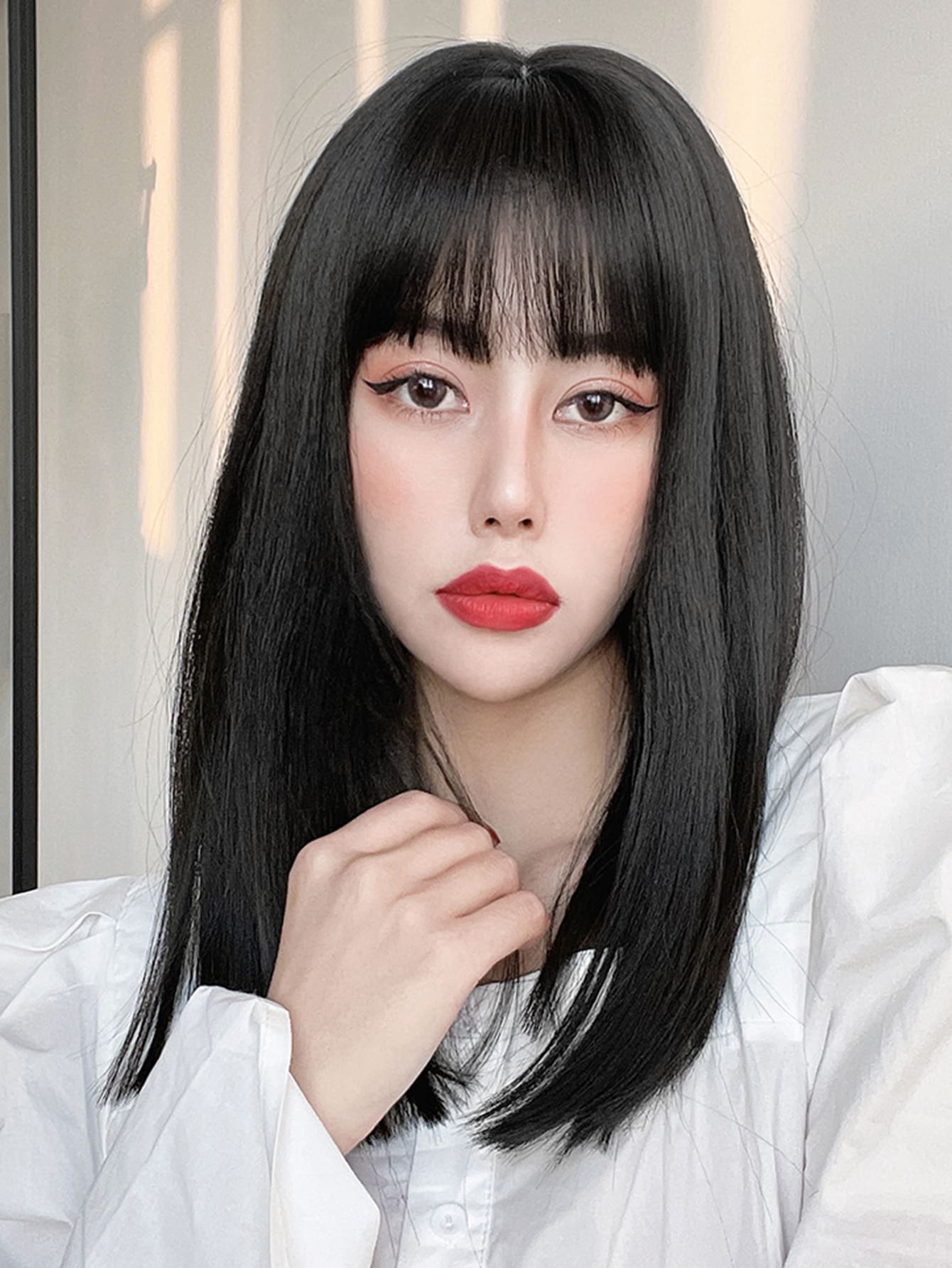 Natural Medium Straight Synthetic Wig With Bangs - Black - View 1