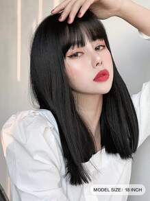 Natural Medium Straight Synthetic Wig With Bangs - Black - View 2