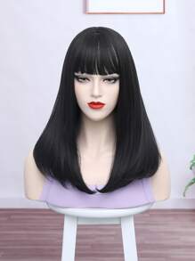 Natural Medium Straight Synthetic Wig With Bangs - Black - View 8