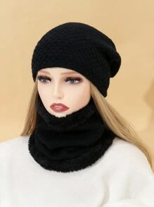 純色休閒無簷小便帽和毛絨襯裡 Infinity 圍巾休閒 - 黑色 - 查看 1
