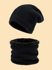 純色休閒無簷小便帽和毛絨襯裡 Infinity 圍巾休閒 - 黑色 - 查看 2