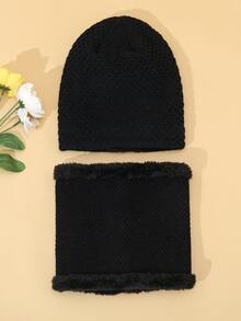 純色休閒無簷小便帽和毛絨襯裡 Infinity 圍巾休閒 - 黑色 - 查看 3