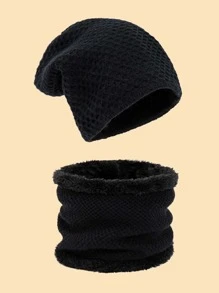 純色休閒無簷小便帽和毛絨襯裡 Infinity 圍巾休閒 - 黑色 - 查看 4