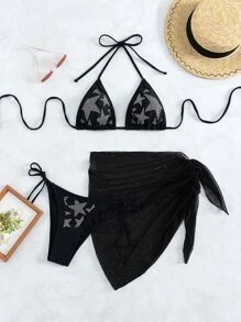 SHEIN Swim Conjunto de bikini triangular halter con patrón de estrella engastada de verano para playa con falda de playa - Negro - Ver 5