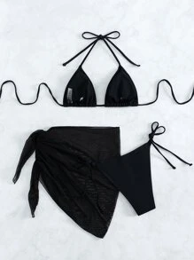 SHEIN Swim Conjunto de bikini triangular halter con patrón de estrella engastada de verano para playa con falda de playa - Negro - Ver 2