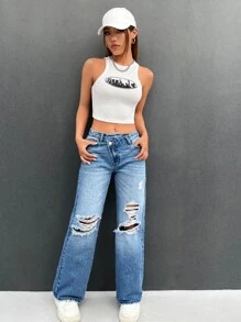 SHEIN EZwear Building Print Crop Tank Top - White - View 3