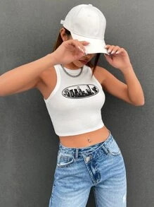 SHEIN EZwear Building Print Crop Tank Top - White - View 5