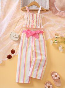 Toddler Girls Striped Print Ruffle Hem Cami Top & Belted Trousers - Multicolor - View 1