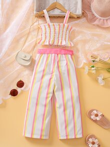 Toddler Girls Striped Print Ruffle Hem Cami Top & Belted Trousers - Multicolor - View 2