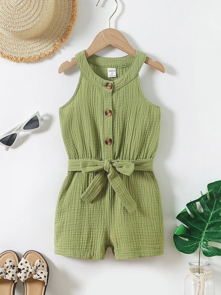 Toddler Girls Button Front Belted Romper - Green - View 1