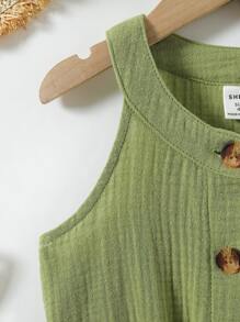 Toddler Girls Button Front Belted Romper - Green - View 3