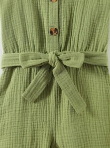 Toddler Girls Button Front Belted Romper - Green - View 5