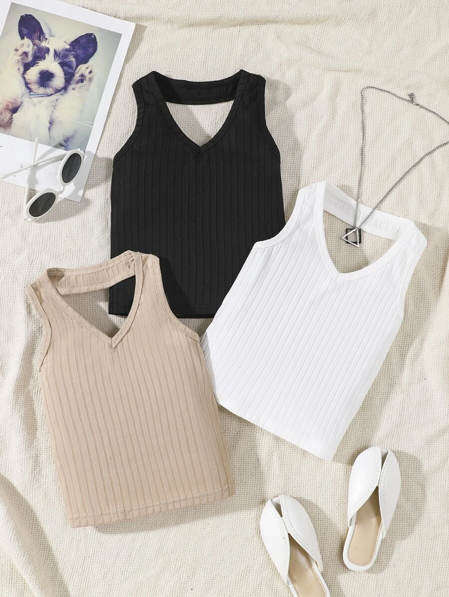 SHEIN Niñitas 3 piezas Top halter tejido de canalé - Multicolor - Ver 1