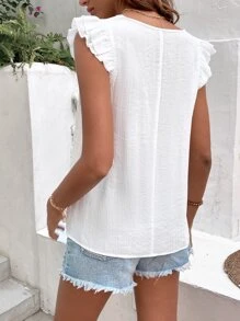 SHEIN VCAY Blusa con encaje en contraste ribete con fruncido - Blanco - Ver 2