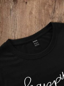 SHEIN LUNE Camiseta gráfica con diseño de corazón y letra para mujer - Negro - Ver 3
