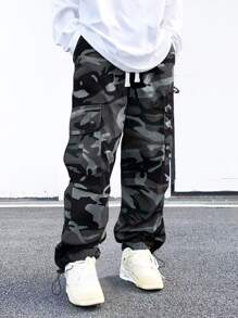 Manfinity Homme Men Camo Print Flap Pocket Side Drawstring Waist Cargo Trousers - Multicolor - View 1