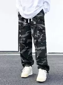 Manfinity Homme Men Camo Print Flap Pocket Side Drawstring Waist Cargo Trousers - Multicolor - View 4