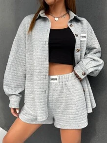 SHEIN EZwear Letter Patched Drop Shoulder Jacket & Shorts - Light Grey - View 3