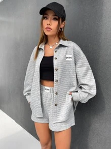 SHEIN EZwear Letter Patched Drop Shoulder Jacket & Shorts - Light Grey - View 5