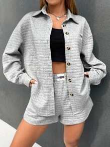 SHEIN EZwear Letter Patched Drop Shoulder Jacket & Shorts - Light Grey - View 1