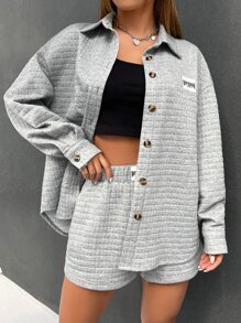 SHEIN EZwear Letter Patched Drop Shoulder Jacket & Shorts - Light Grey - View 6