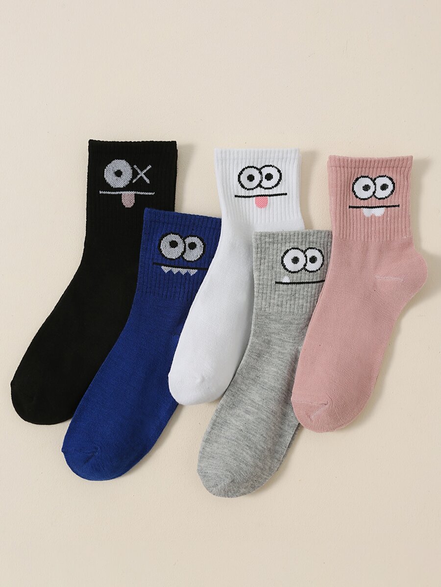 5雙男士卡通圖案中筒襪 - 彩色 - 查看 1