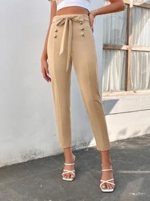 SHEIN Privé Double Button Belted Trousers - Apricot - View 2