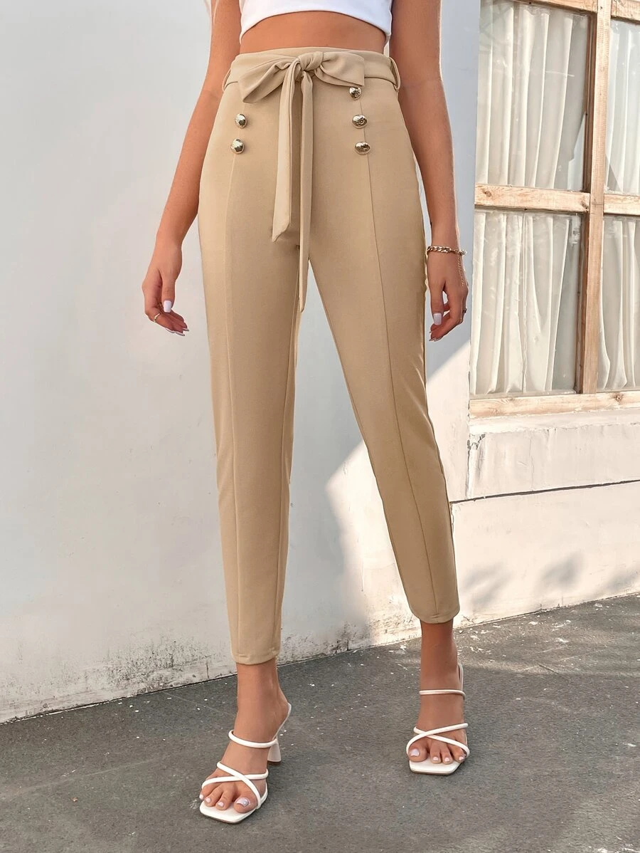 SHEIN Privé Double Button Belted Trousers - Apricot - View 1