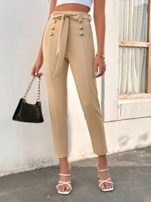 SHEIN Privé Double Button Belted Trousers - Apricot - View 4