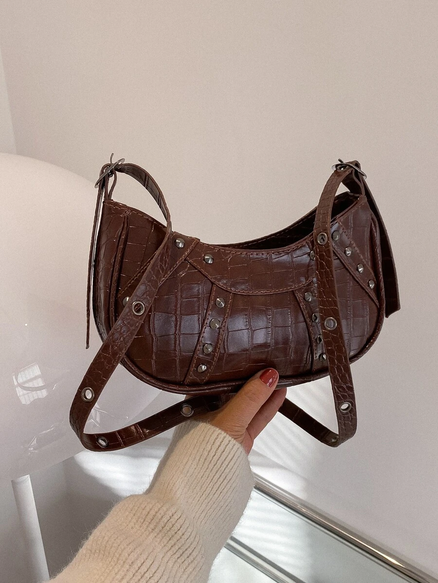 Túi vai Đúc Thùa khuyết In cá sấu Có thể điều chỉnh được Đúng mốt - Cà phê nâu - Xem 1