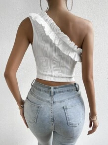 Chiquease Top crop de un hombro ribete con fruncido - Blanco - Ver 2