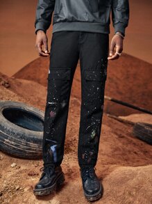 ROMWE MEN Guys Splash Ink Flap Pocket Jeans - Black - View 1