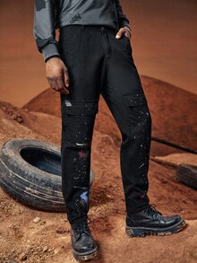 ROMWE MEN Guys Splash Ink Flap Pocket Jeans - Black - View 3