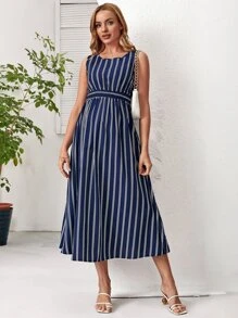 SHEIN Maternity Striped Print A-line Dress - Navy Blue - View 3