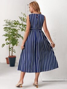 SHEIN Maternity Striped Print A-line Dress - Navy Blue - View 2