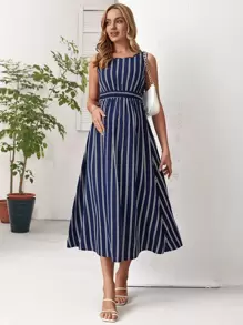 SHEIN Maternity Striped Print A-line Dress - Navy Blue - View 1