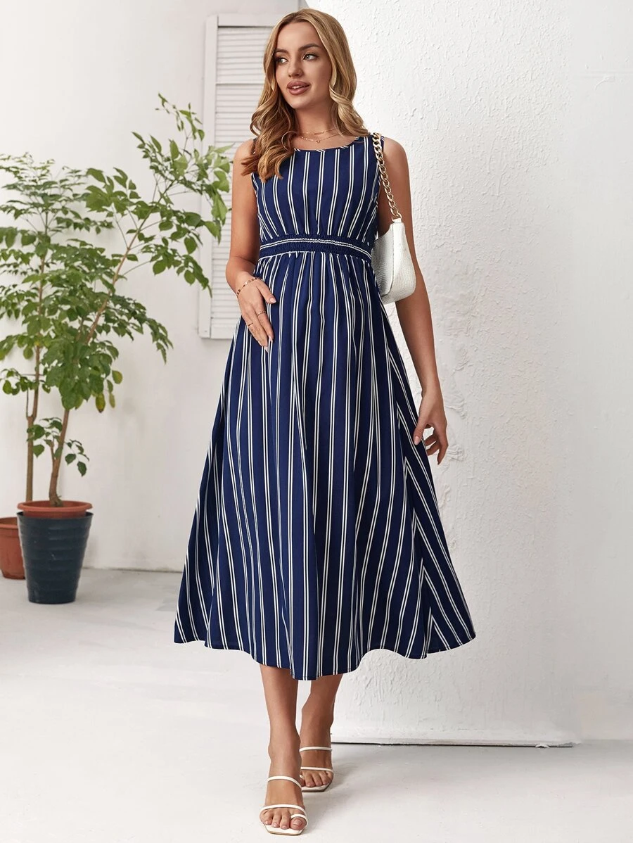 SHEIN Maternity Striped Print A-line Dress - Navy Blue - View 1