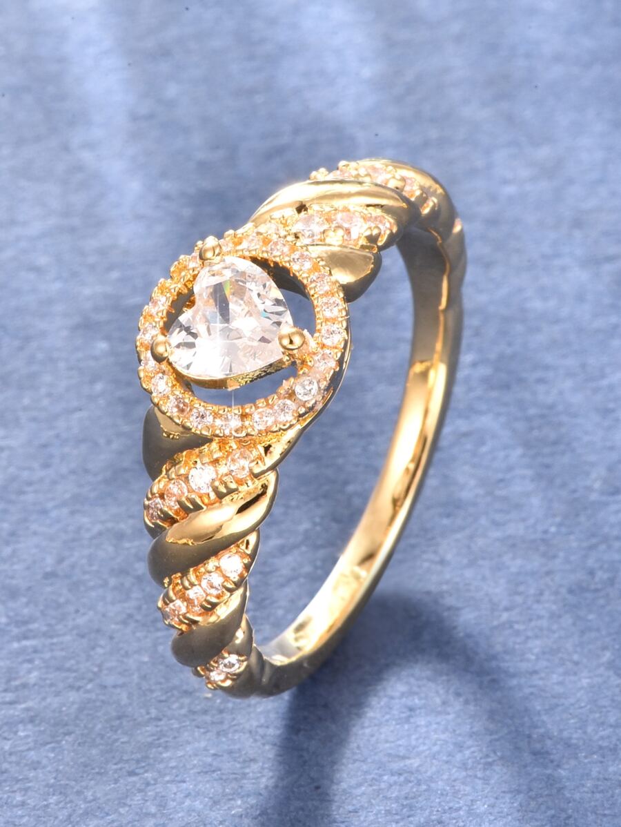 1入組魅力四射方晶鋯石愛心裝飾戒指適用於女士適合婚禮派對 - 金黃色 - 查看 1