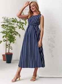 SHEIN Maternity Striped Print A-line Dress - Navy Blue - View 4