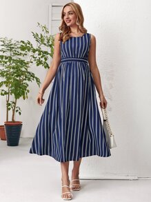 SHEIN Maternity Striped Print A-line Dress - Navy Blue - View 6
