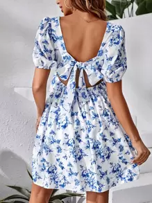 SHEIN 孕婦印花後綁帶泡泡袖洋裝