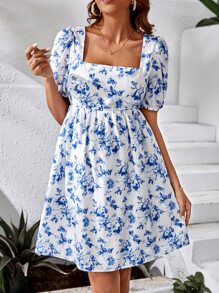 SHEIN 孕婦印花後綁帶泡泡袖洋裝