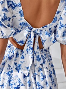 SHEIN 孕婦印花後綁帶泡泡袖洋裝