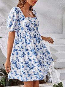 SHEIN 孕婦印花後綁帶泡泡袖洋裝