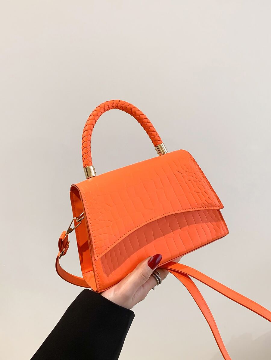 熒光橙鱷魚壓紋翻蓋方包 - 橘色 - 查看 1